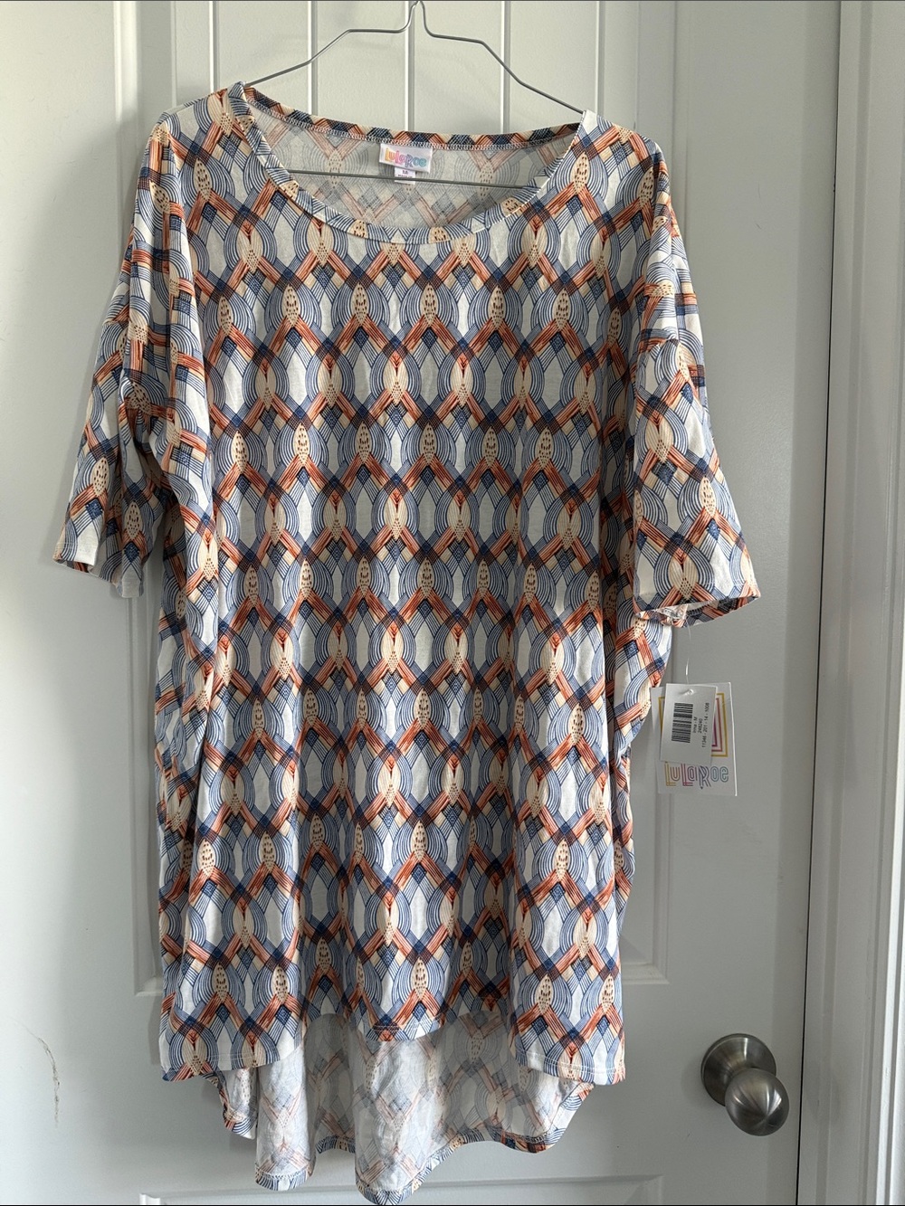 LuLaRoe Irma Geometric Short-Sleeve Tunic in Blue and Orange